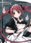  blush bow breasts cleavage cover frills green_eyes hair_bow long_hair maid maid_headdress open_mouth queen&#039;s_blade queen's_blade red_hair redhead ribbon scythe solo sunmei twintails weapon wrist_cuffs 