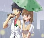  ai_ai_gasa brown_eyes brown_hair kamijou_touma kotaken misaka_mikoto rain school_uniform shared_umbrella to_aru_kagaku_no_railgun to_aru_majutsu_no_index umbrella uniform 