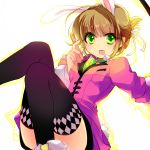  1girl animal_ears argyle argyle_legwear black_legwear blazer brown_hair green_eyes leia_rolando miyu_(matsunohara) rabbit_ears short_hair smile solo tales_of_(series) tales_of_xillia tales_of_xillia_2 thighhighs yellow_background 