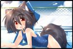  1girl black_hair blue_collar blue_ribbon blush bow chainlink_fence cocoa_(toba) collar dog_ears dog_tail eyebrows eyebrows_visible_through_hair fang fence hair_bow hair_ornament hair_ribbon one-piece_swimsuit open_mouth original pool red_eyes ribbon school_swimsuit small_breasts swimsuit tail toba_hiyoko water wet 