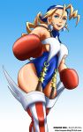  1girl america armpits blonde_hair blue_eyes boots boxing_gloves breasts capcom earrings long_hair rival_schools rival_schools:_united_by_fate smile solo thighhighs tiffany_lords underboob yas 