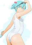  flat_chest goggles goggles_on_head green_eyes green_hair highres kawashiro_nitori looking_back one-piece_swimsuit school_swimsuit short_hair smile swimsuit touhou twintails water_gun white_school_swimsuit yura yurako 