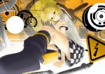  checkered checkered_skirt kagamine_rin mossari_poteto perspective road_sign short_hair sign sitting skirt solo tiger_rampage_(vocaloid) vocaloid yellow_eyes 