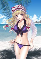  alha beach bikini blonde_hair bow breasts cleavage frilled_bikini frills front-tie_swimsuit front-tie_top hair_bow hat large_breasts long_hair navel open_clothes open_shirt shirt swimsuit tongue touhou water yakumo_yukari yellow_eyes 