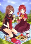  akai_ringo apple banana bangs basket belt between_legs blunt_bangs bob_cut bow brown_eyes brown_hair capelet dress drink flat_chest food fruit hand_between_legs holding holding_fruit kneeling long_hair multiple_girls obentou ookami-san ookami-san_to_shichinin_no_nakamatachi ookami_ryouko picnic pocari_sweat pocky red_hair redhead school_uniform short_hair sitting skirt smile straw sura_(mana0703) very_long_hair 