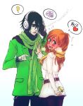  1girl ? belt black_hair bleach blush breath couple facial_mark headphones heart inoue_orihime jacket jeans long_hair long_sleeves nail_polish object_behind_back orange_hair pale_skin pointing question_mark rusky scarf simple_background spoken_heart spoken_squiggle squiggle sweatdrop ulquiorra_cifer valentine 