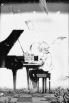  closed_eyes flower flying_paper highres instrument monochrome musical_instrument necktie niwa paper piano piano_no_mori plant scan short_hair sitting soul_eater soul_eater_(character) 