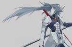  armor blazblue blue_hair hakumen kz-kura long_hair male manly sheath solo sword weapon white_hair yskr 