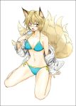  bikini fox_ears multiple_tails popsicle sitting swimsuit tail touhou tsurui wariza yakumo_ran 