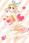  ass bad_id barefoot blonde_hair blue_eyes hair_ribbon headphones headset innertube isg jewelry kagamine_rin legs ribbon short_hair solo swimsuit vocaloid 