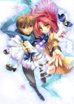  brown_hair carrying couple hands long_hair mouth_hold open_mouth red_hair redhead riv scarf short_hair smile yellow_eyes 