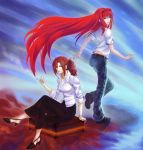  aozaki_aoko aozaki_touko artist_request blue_eyes cigarette crossed_legs crossover denim hair_intakes highres jeans kara_no_kyoukai long_hair melty_blood multiple_girls red_hair redhead siblings sisters sitting sleeves_pushed_up smoking source_request suitcase t-shirt tsukihime very_long_hair 