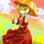 ascot cloud colored_eyelashes colorful eyelashes green_hair kazami_yuuka long_skirt parasol plaid plaid_skirt plaid_vest red_eyes short_hair skirt skirt_set solo touhou umbrella wind zami