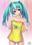  aqua_eyes aqua_hair clothes_in_front hatsune_miku highres long_hair panties shirt shirt_removed smile solo striped striped_panties topless twintails underwear underwear_only utaware01 vocaloid 