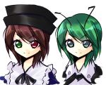  androgynous bad_id brown_hair crossover green_eyes green_hair hat heterochromia multiple_girls palette_swap rozen_maiden short_hair souseiseki suisen suisen_(aqua_rubia) touhou wriggle_nightbug 