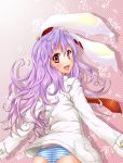  1girl ao_banana ass bad_id blush bottomless bunny_ears dress_shirt eyebrows_visible_through_hair highres long_hair looking_back necktie no_pants open_mouth panties purple_hair rabbit_ears red_eyes reisen_udongein_inaba shirt smile solo striped striped_panties touhou underwear 