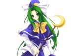  crescent_moon game_cg green_eyes green_hair hat long_hair mima riv smile solo tachi-e touhou transparent_background wizard_hat 