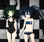  arms_behind_back bikini black_hair black_rock_shooter black_rock_shooter_(character) blue_eyes casual_one-piece_swimsuit checkered checkered_background dead_master frown highres long_hair moorina one-piece_swimsuit shorts standing swimsuit twintails 