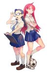  adjusting_glasses ahoge bad_id ball blue_eyes blue_hair braid clipboard crossed_arms glasses hands highres legs long_hair multiple_girls radical_elements red_eyes red_hair redhead ryman simple_background skirt soccer_ball telstar 