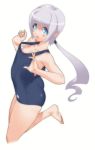  feet flat_chest hands highres konami long_hair official_art one-piece_swimsuit otomedius poini_coon school_swimsuit simple_background solo swimsuit yoshizaki_mine 