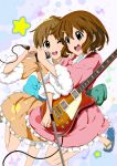  brown_hair guitar highres hirasawa_ui hirasawa_yui instrument k-on! microphone nanai sandals siblings sisters star wink 
