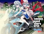  bespectacled bicycle blood city crossover gand_theft_auto glasses grand_theft_auto highres izayoi_sakuya moon motor_vehicle motorcycle multiple_girls nosebleed pointing police_car remilia_scarlet scared shirt_grab skirt touhou turn_pale umami_(sakeikura) vehicle wavy_mouth when_you_see_it 