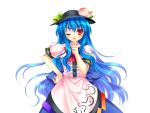 ;p blue_hair food fruit game_cg hand_on_hip hat hinanawi_tenshi long_hair peach red_eyes riv skirt tachi-e tongue touhou transparent_background wink