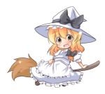  apron blonde_hair braid broom brown_eyes chibi dress hair_ribbon hat kirisame_marisa long_hair ribbon side_braid tobi_(artist) tobi_(nekomata_homara) touhou touhou_hisoutensoku white_dress witch_hat 