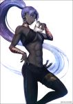  1girl abs assassin_(fate/zero) breasts commentary_request dark_skin earrings fate/grand_order fate/zero fate_(series) female_assassin_(fate/zero) holding holding_mask hoop_earrings jewelry kei-suwabe long_hair mask mask_removed muscle muscular_female purple_hair skull_mask solo twitter_username under_boob very_long_hair violet_eyes 
