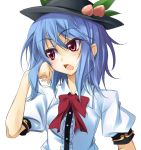  alternate_hairstyle blue_hair food fruit hair_flip hat hinanawi_tenshi matsuyama_nozomu open_mouth peach red_eyes short_hair short_sleeves simple_background solo touhou 