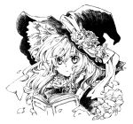  book expressionless flower hat kirisame_marisa long_hair monochrome solo tairi touhou witch_hat 