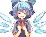  blue_hair cirno closed_eyes hair_ribbon miya_(artist) miya_(tsumazukanai) open_mouth ribbon short_hair smile solo touhou wings 