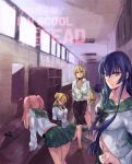  antenna_hair arm_holding bathroom blonde_hair blue_eyes blue_hair bow busujima_saeko closed_eyes from_behind highschool_of_the_dead holding_arm leaning_forward long_hair marikawa_shizuka miyamoto_rei mochako_(motyako) mop multiple_girls navel pink_hair purple_eyes purple_hair ribbon school_uniform serafuku sitting skirt standing takagi_saya thigh-highs thighhighs torn_clothes twintails 