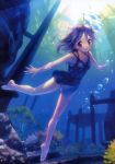  :t barefoot brown_eyes bubble feet freediving highres puffy_cheeks swimming swimsuit swimsuit_under_clothes takoyaki_(roast) underwater 