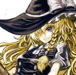  akasia blonde_hair braid faux_traditional_media grin hair_over_one_eye hat kirisame_marisa side_braid smile solo touhou witch_hat 