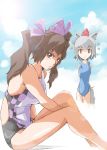  animal_ears brown_eyes brown_hair hat hatsubasa_sakana himekaidou_hatate inubashiri_momiji long_hair multiple_girls short_hair silver_hair swimsuit tail tokin_hat touhou twintails wolf_ears wolf_tail 