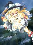  bow dragon_ball dragon_ball_z foreshortening frills hands hat kamehameha kinntarou kirisame_marisa long_hair magic_circle master_spark parody red_eyes touhou witch_hat 