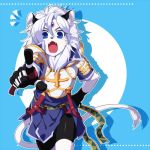  1boy :o animal_ears anthro armor blue_background blue_eyes cat_ears cat_tail fang forehead_jewel furry gloves hand_on_hip kyousaku lowres male mygrimoire original pointing purson_(mygrimoire) shadow shirt shorts solo tail white_hair white_skin 