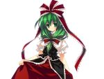  front_ponytail game_cg green_eyes green_hair hair_ribbon holding_skirt kagiyama_hina long_hair long_skirt ribbon riv skirt skirt_hold smile solo tachi-e touhou transparent_background 