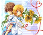  1girl back-to-back blue_eyes brown_eyes brown_hair couple flower heart hibiki_mio higurashi_no_naku_koro_ni maebara_keiichi open_mouth orange_hair ryuuguu_rena school_uniform serafuku short_hair smile sunflower 