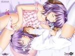  bed bow_panties clannad closed_eyes duplicate flat_chest frills fujibayashi_kyou fujibayashi_ryou hair_ribbon highres igul lingerie lying midriff panties pink_panties ribbon shirt short_hair siblings side-tie_panties sisters sleeping spoilers striped_panties thighhighs twins underwear wallpaper watermark 