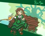  brown_hair brown_shoes curly_hair dress heterochromia holding long_sleeves rozen_maiden shoes smirk solo suiseiseki tagme very_long_hair watering_can 