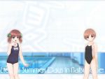  2girls arms_behind_back background_text blush clothed_navel competition_swimsuit english flat_chest hand_on_own_chest hoshizaki_anon kirisaka_suzuna loli multiple_girls name_tag natsunone navel one-piece_swimsuit ooji pool school_swimsuit short_hair short_twintails skintight smile swimsuit twintails wallpaper 