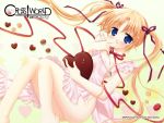  1girl apron blonde_hair blue_eyes broccoli chocolate chocolate_heart cross_world heart loli lying naked_apron pastry_bag ribbon sakurazawa_izumi twintails yellow_background 