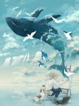  1boy animal apron bird canvas_(object) chair clothesline clouds dog easel laundry original paintbrush painting penguin short_hair silhouette sitting sky water whale zakka_(d-o-t) 