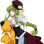  absurdres bow braid breasts c.c. cheese-kun cleavage code_geass dress extraction flower frills green_hair hat hat_flower highres iyou long_hair open_mouth pizza_hut single_braid solo transparent_background vector very_long_hair yellow_eyes yukkyun 
