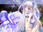  bare_shoulders blush china_dress chinese_clothes chinese_dress eyepatch flower long_hair purple rose rozen_maiden shimakaze solo thighs twintails wallpaper white_hair yellow_eyes 