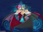  ark bare_shoulders blue_legwear breasts bridal_gauntlets capcom cleavage darkstalkers demon_girl eye_contact hand_on_hip head_wings lilith_aensland lipstick morrigan_aensland pantyhose print_pantyhose purple_hair purple_legwear siblings sisters succubus vampire_(game) water 