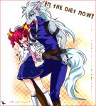  1boy 1girl :o belt chika009 engrish hoshizora_miyuki kneehighs long_hair necktie pants pink_eyes pink_hair precure ranguage school_uniform short_hair short_twintails skirt smile_precure! twintails werewolf white_hair wolfrun 