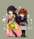  black_hair blue_eyes book chibi dress featherine_augustus_aurora hair_bobbles hair_ornament long_hair purple_eyes red_hair redhead shirokura thighhighs twintails umineko_no_naku_koro_ni ushiromiya_ange violet_eyes 